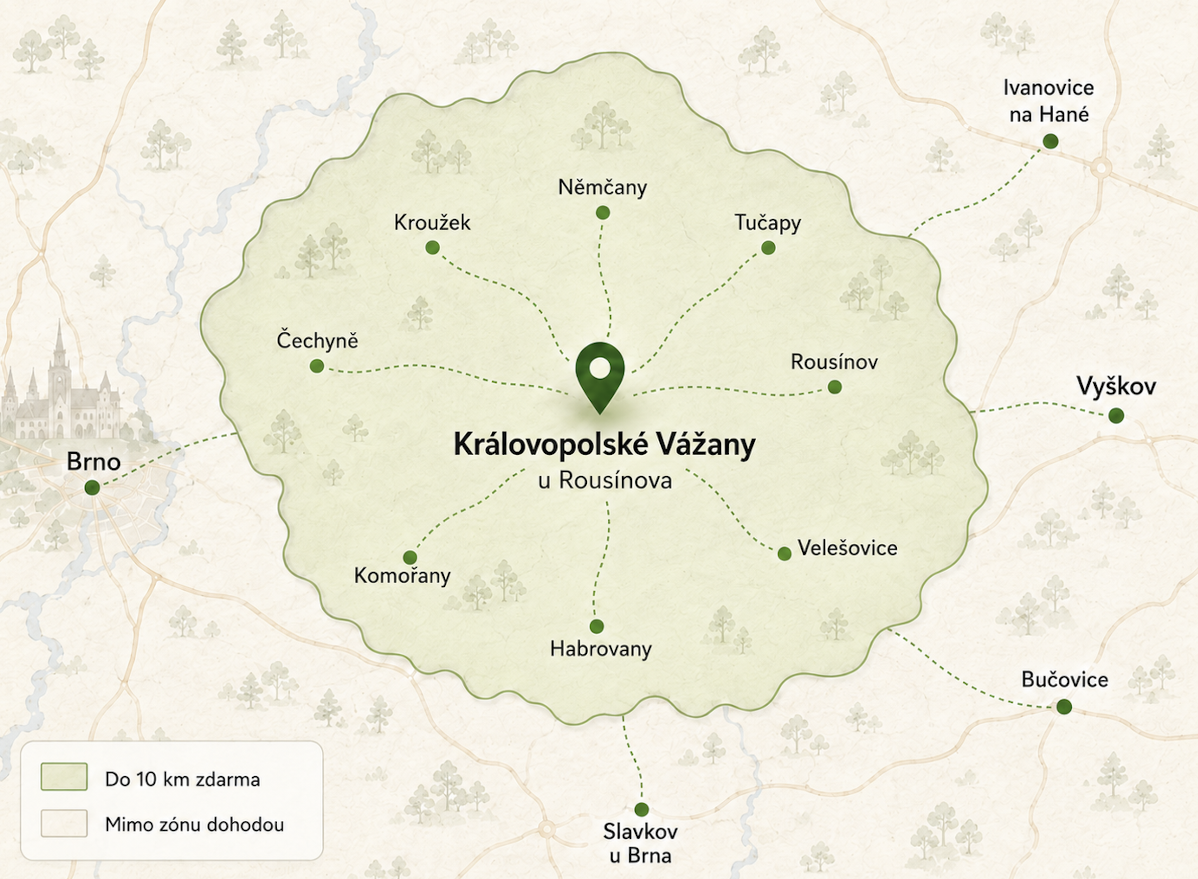 Mapa oblasti působení — Královopolské Vážany a okolí